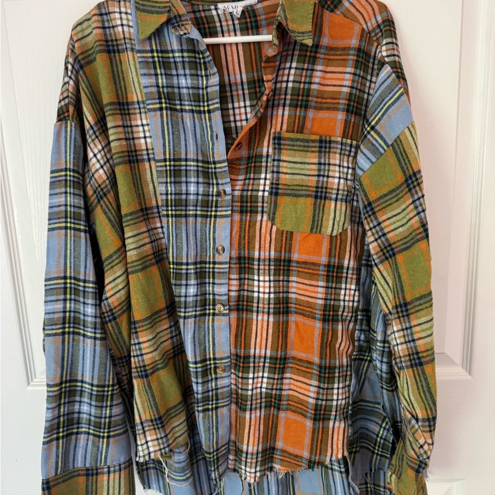 Plaid Button Down Shirt in Blue, Orange, and Green